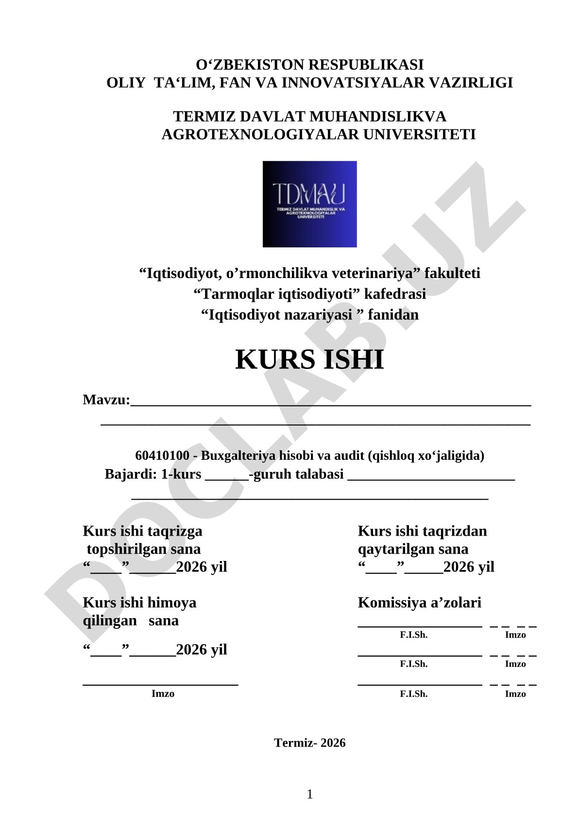 Iqtisodiyot nazariyasi fanidan kurs ishi