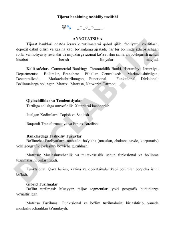 Tijorat bankining tashkiliy tuzilishi