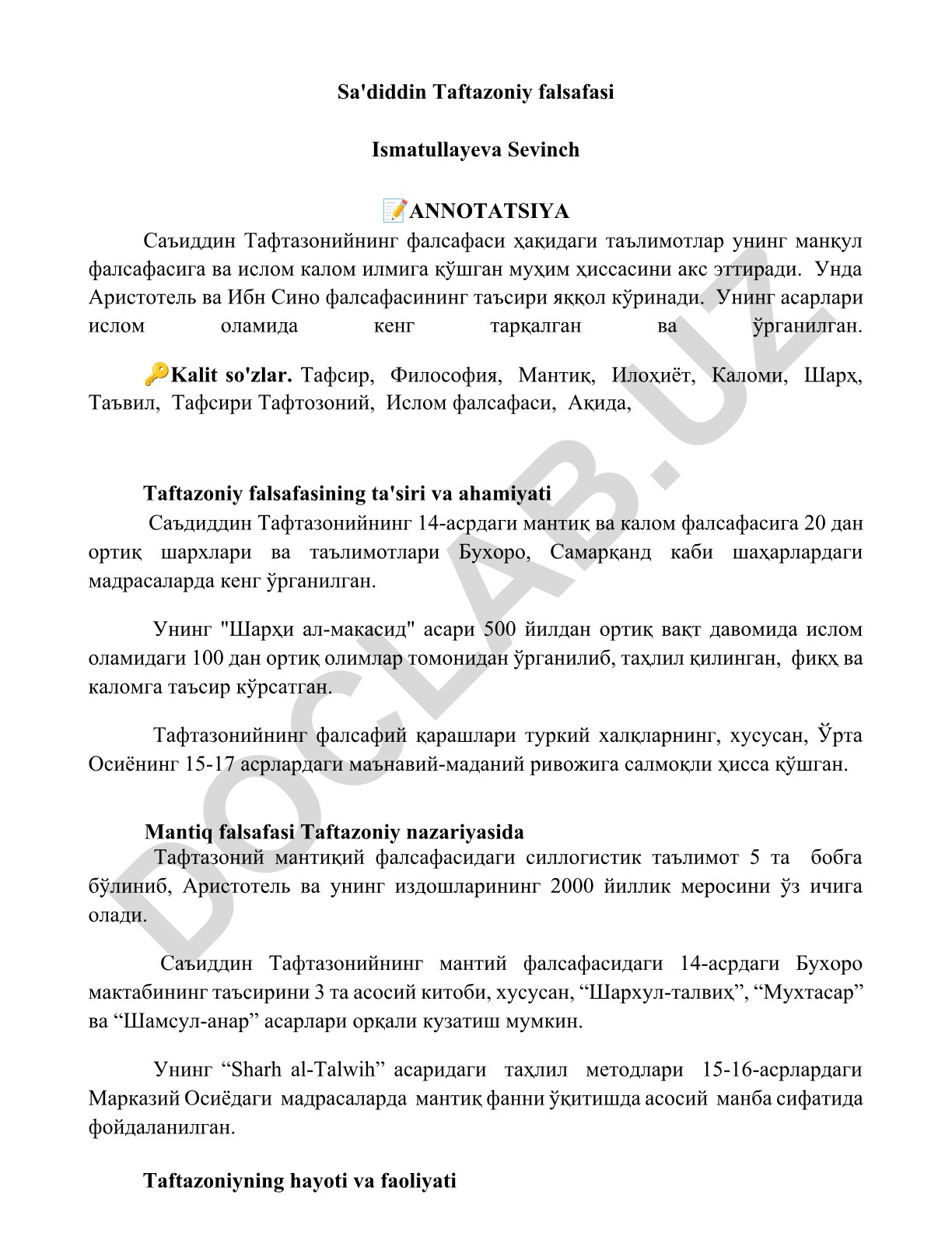 Sa'diddin Taftazoniy falsafasi