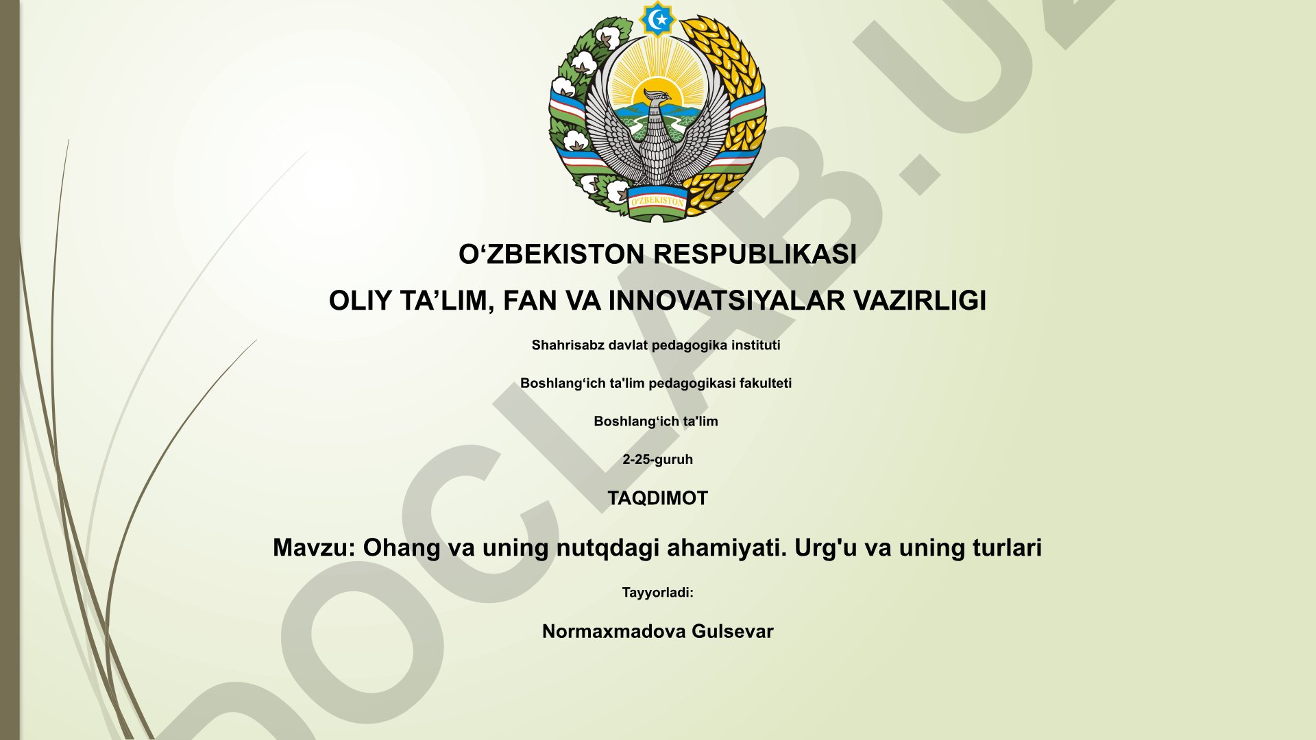 Ohang va uning nutqdagi ahamiyati. Urg'u va uning turlari