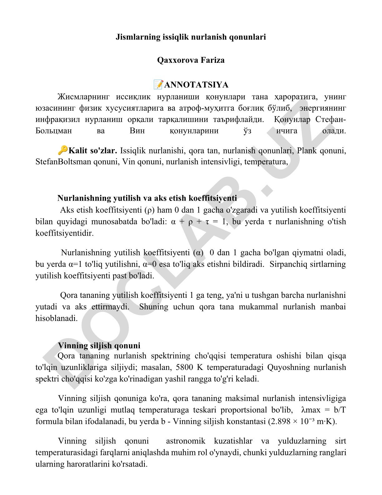 Jismlarning issiqlik nurlanish qonunlari
