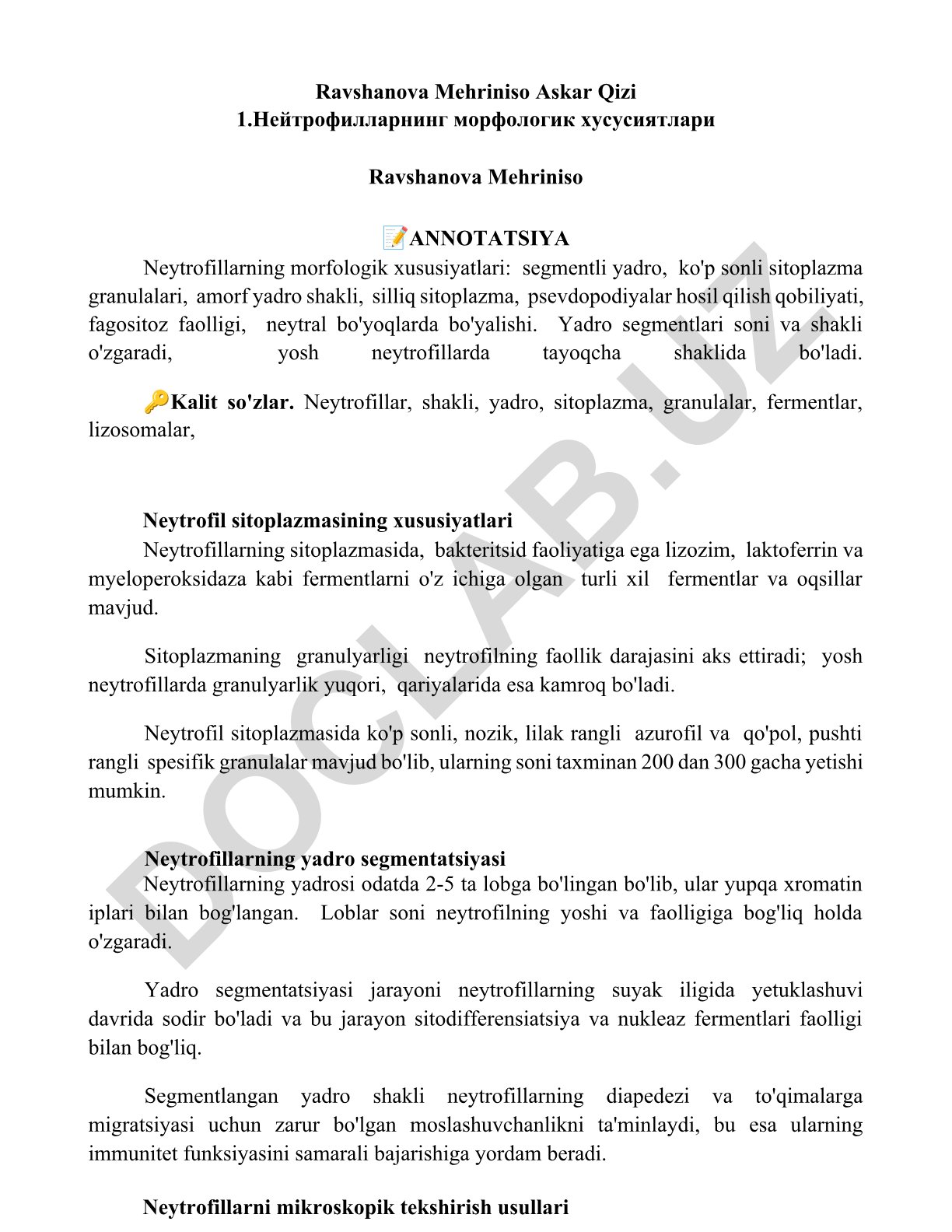 Neytrofillarning morfologik xususiyatlari