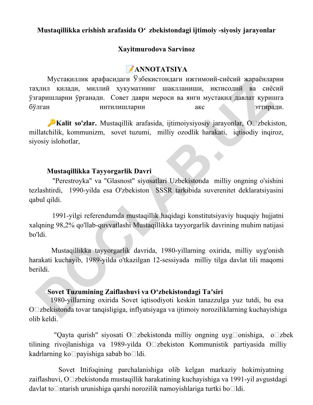 Mustaqillikka erishish arafasida Oʻzbekistondagi ijtimoiy-siyosiy jarayonlar