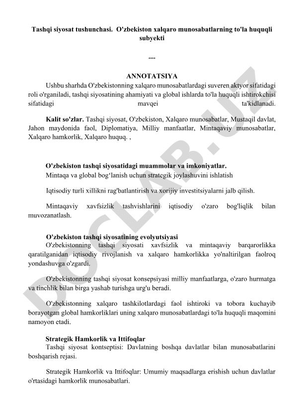 O'zbekistonning tashqi siyosati va xalqaro munosabatlardagi roli