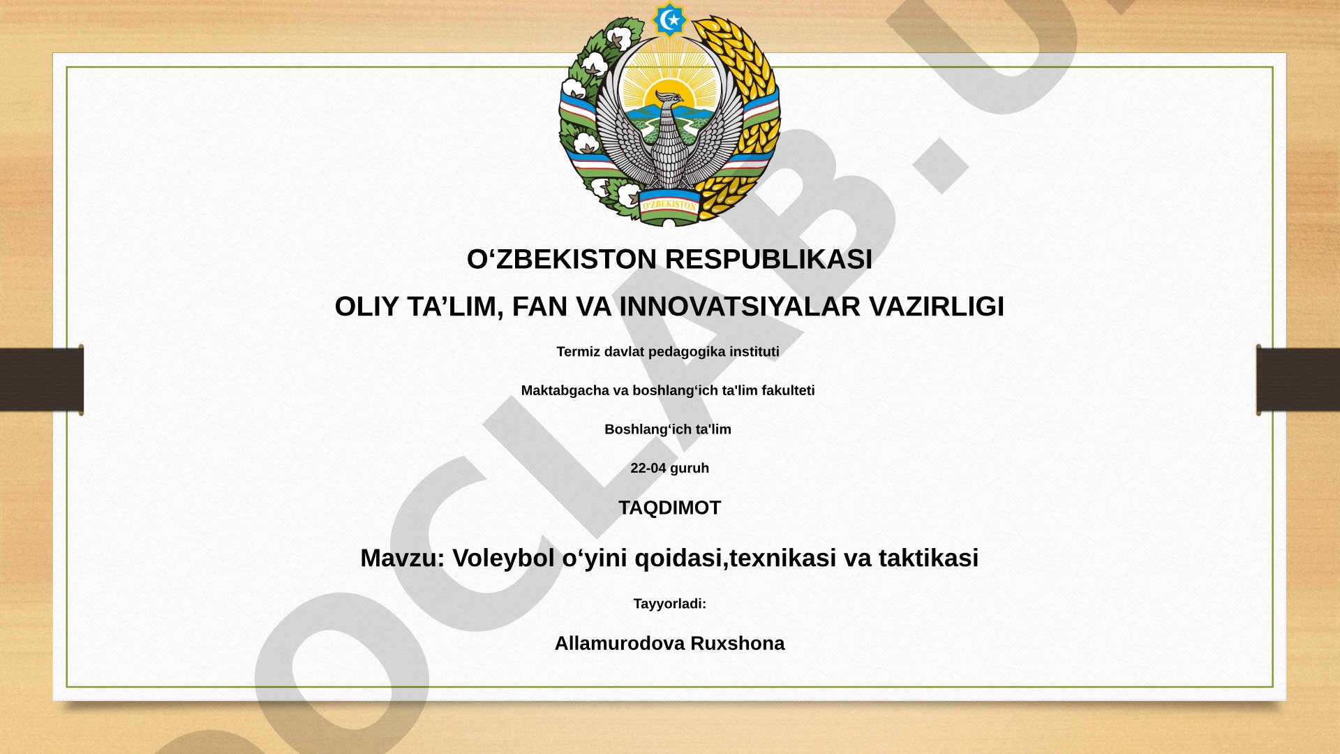 Voleybol oʻyini qoidasi, texnikasi va taktikasi