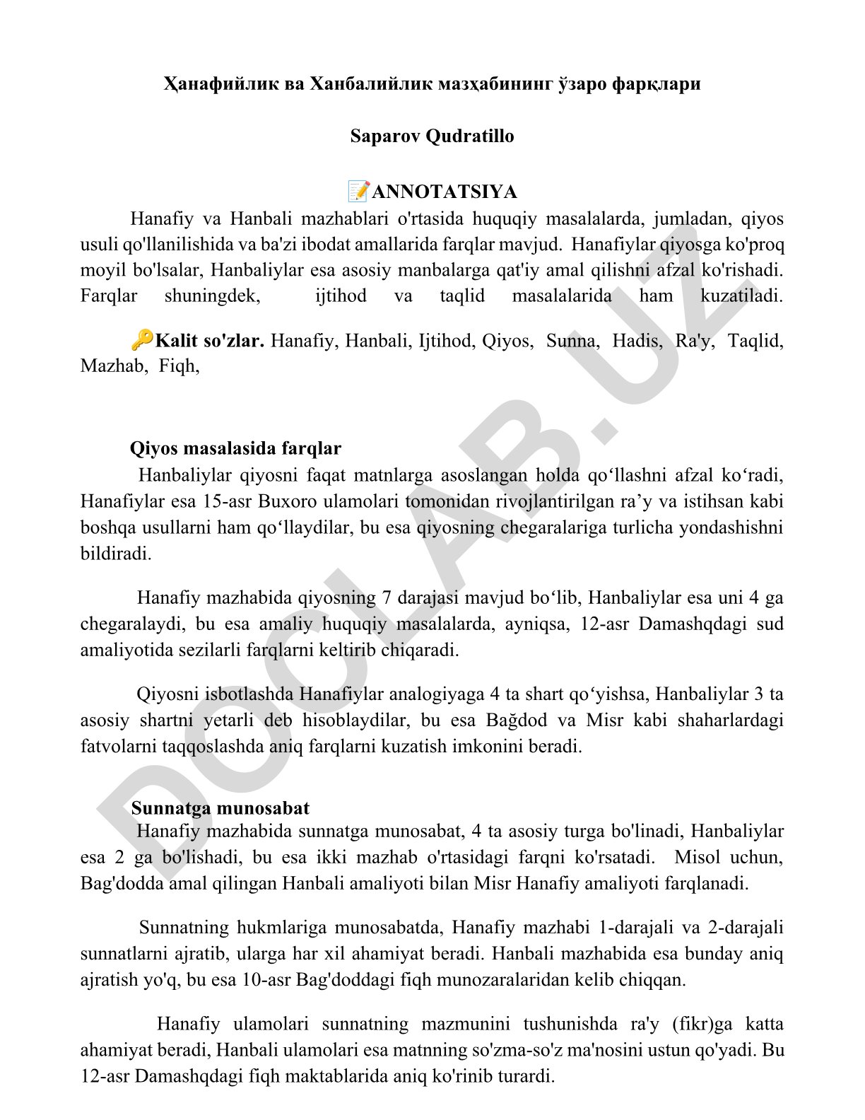 Hanafiy va Hanbaliy mazhablari o'rtasidagi farqlar