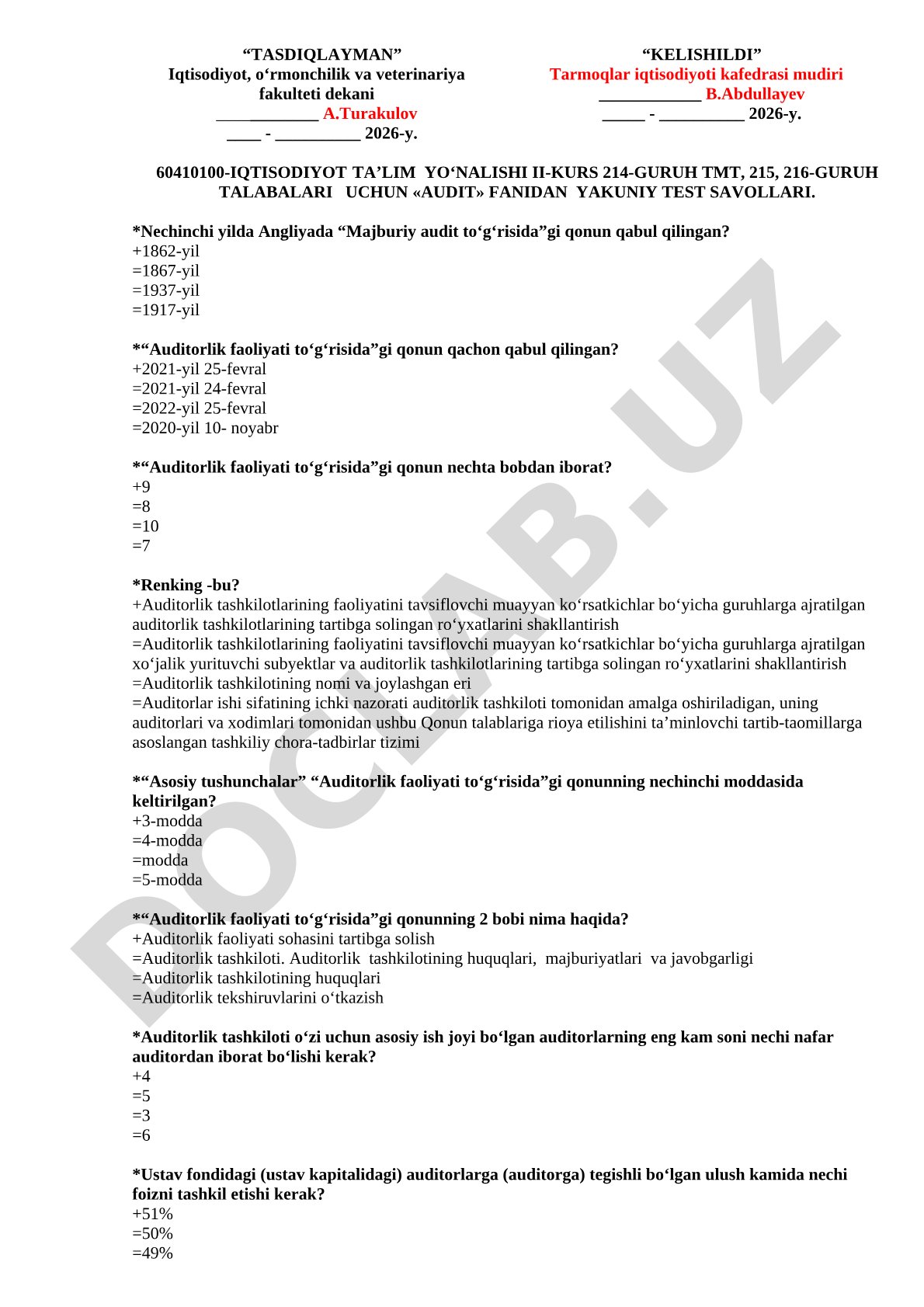 Audit fanidan yakuniy test savollari