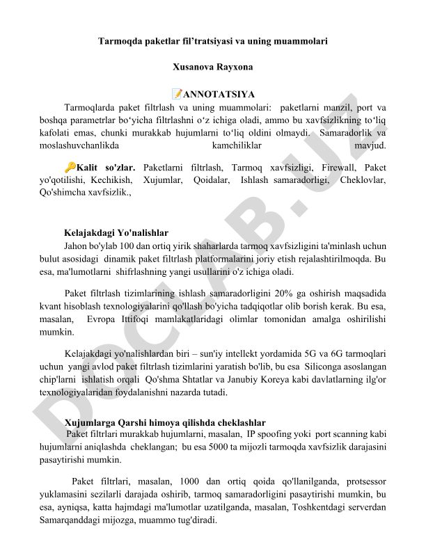 Tarmoqda paketlar fil'tratsiyasi va uning muammolari