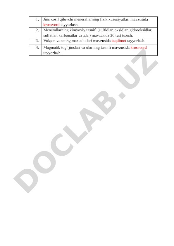 Geologiya fanidan turli topshiriqlar to'plami