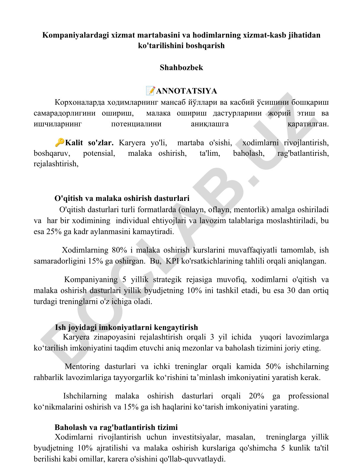 Korxonalarda xodimlarning martaba yo'llari va kasbiy o'sishini boshqarish
