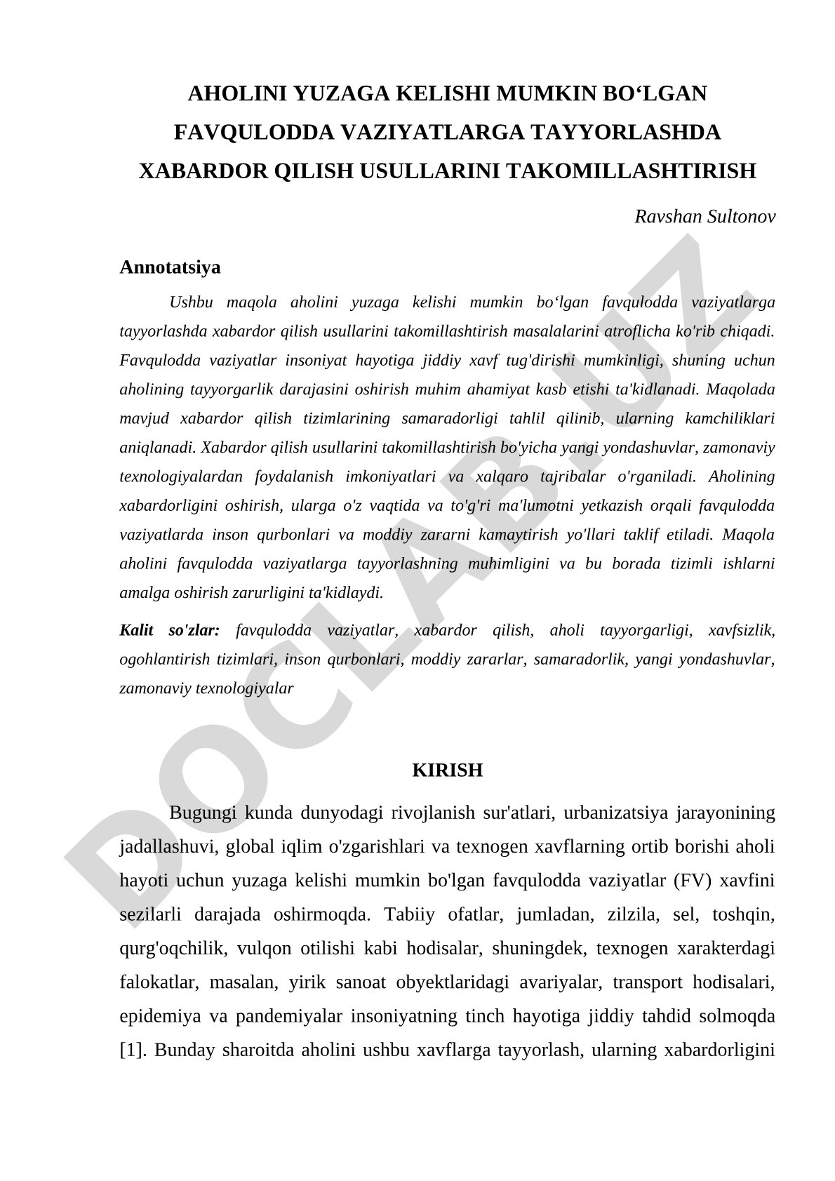 Aholini favqulodda vaziyatlarga tayyorlashda xabardor qilish usullarini takomillashtirish
