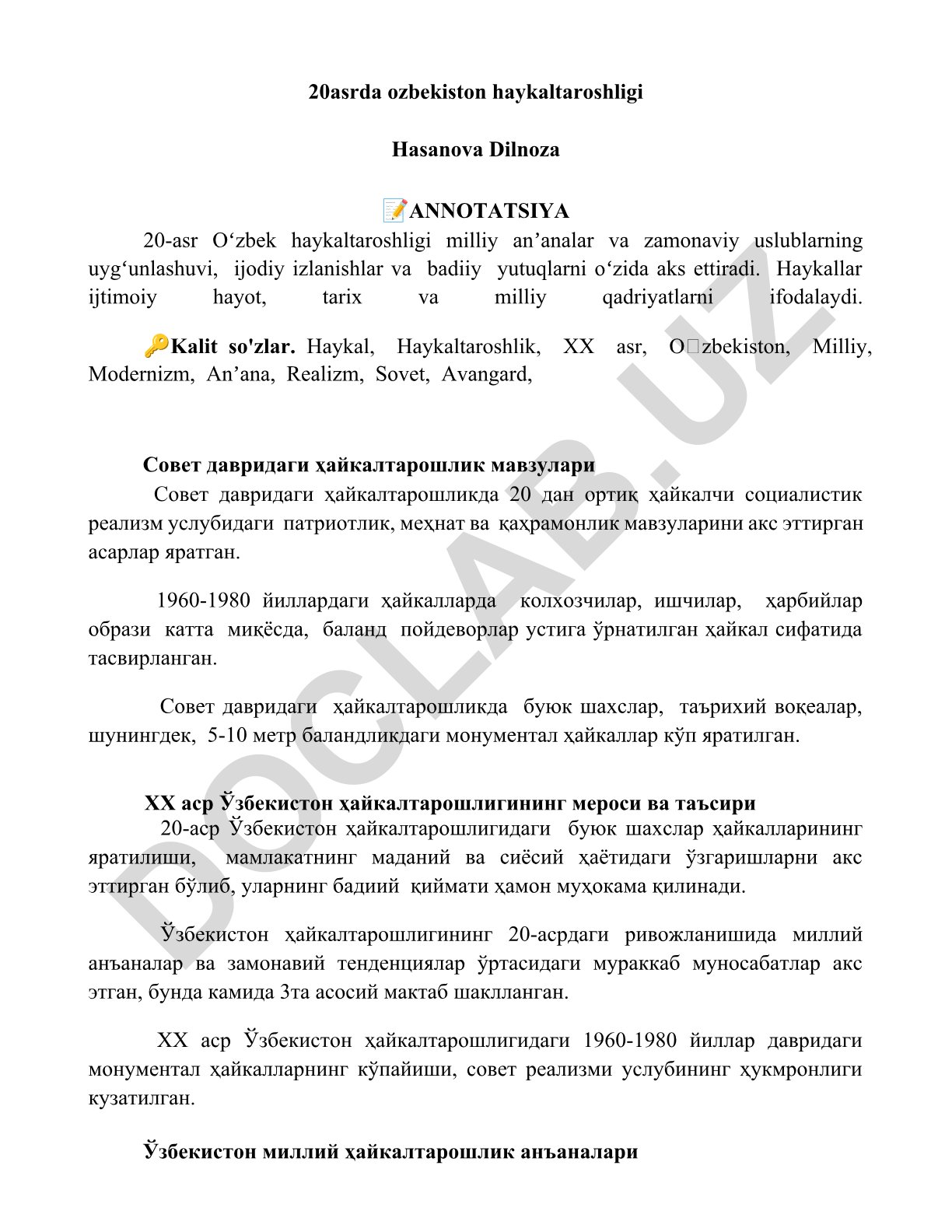 20-asr Oʻzbek haykaltaroshligi