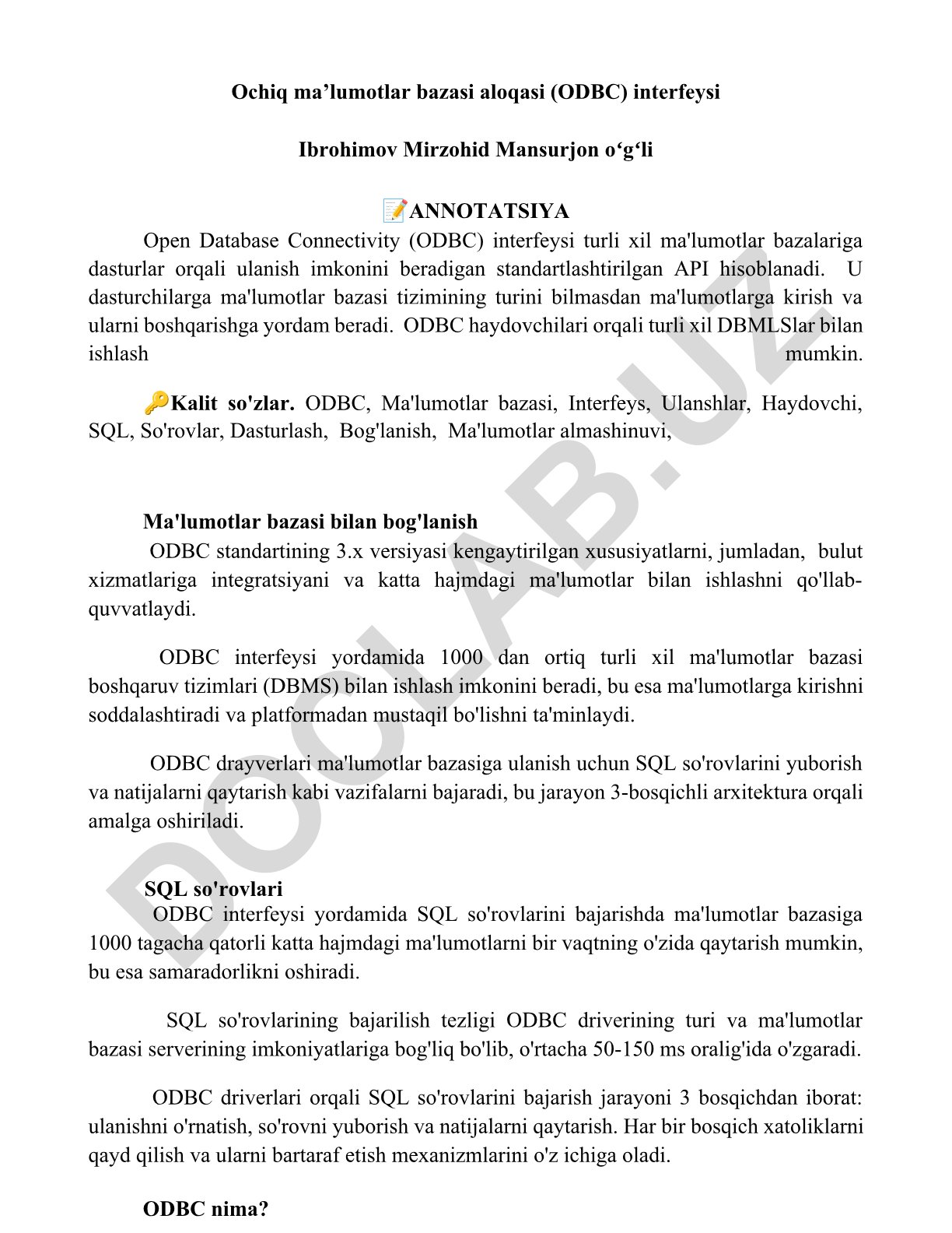 Ochiq ma’lumotlar bazasi aloqasi (ODBC) interfeysi