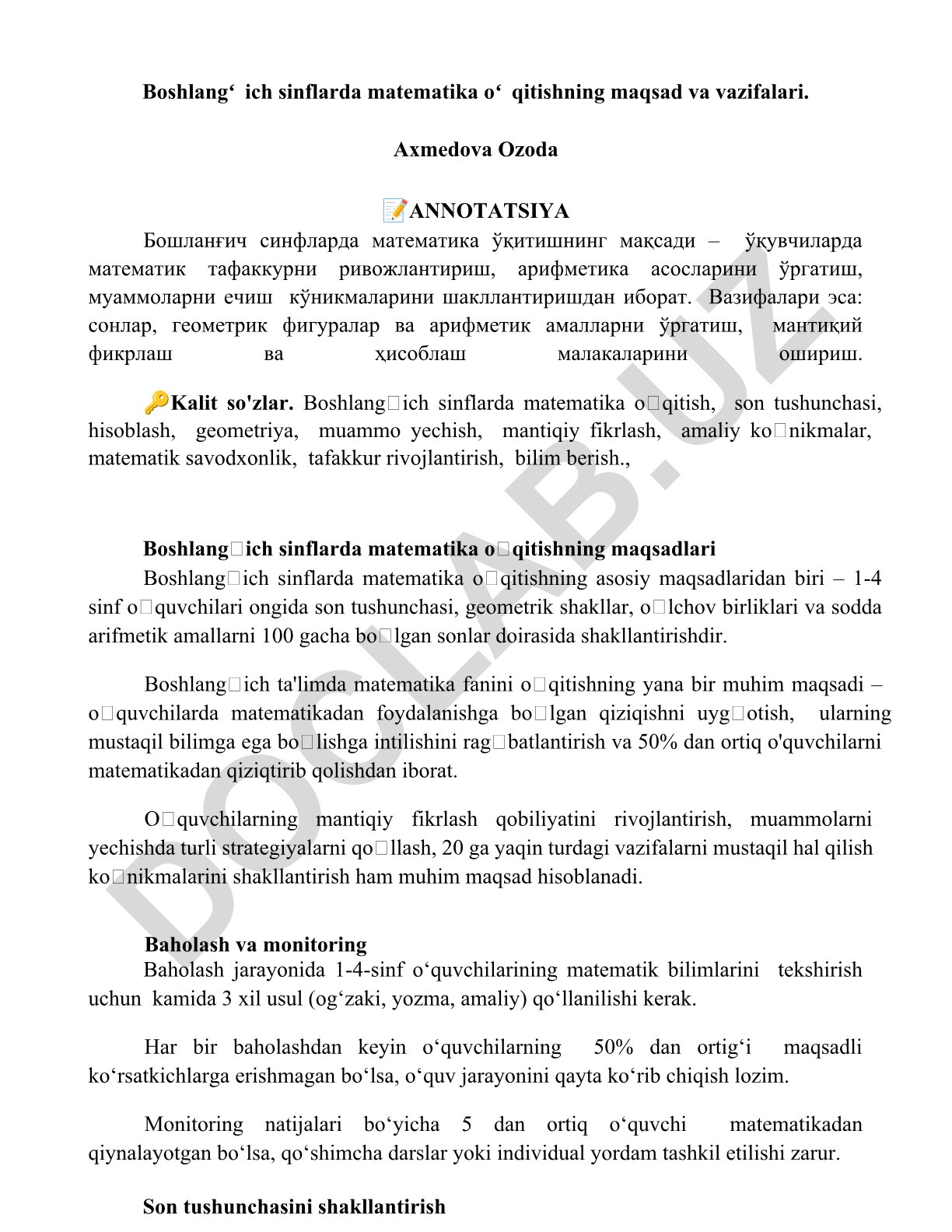 Boshlangʻich sinflarda matematika oʻqitishning maqsad va vazifalari