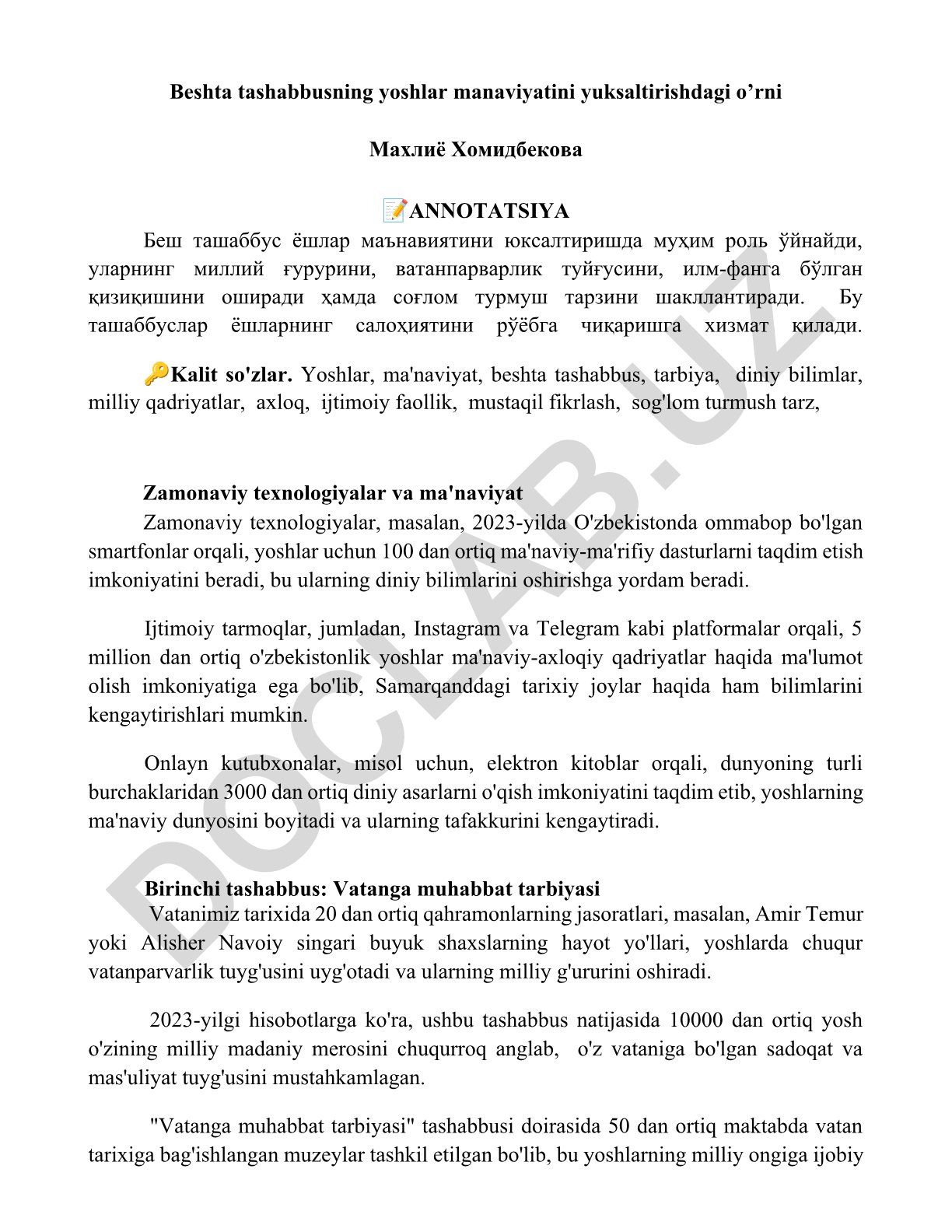 Beshta tashabbusning yoshlar ma'naviyatini yuksaltirishdagi o'rni