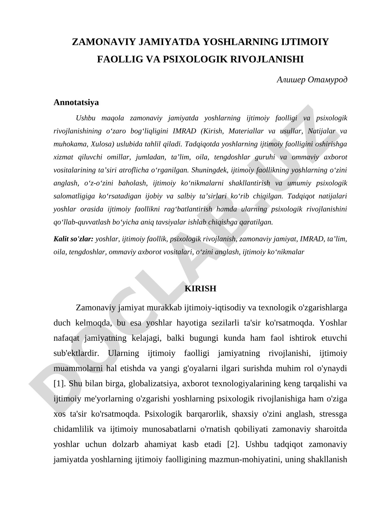 Zamonaviy jamiyatda yoshlarning ijtimoiy faolligi va psixologik rivojlanishi