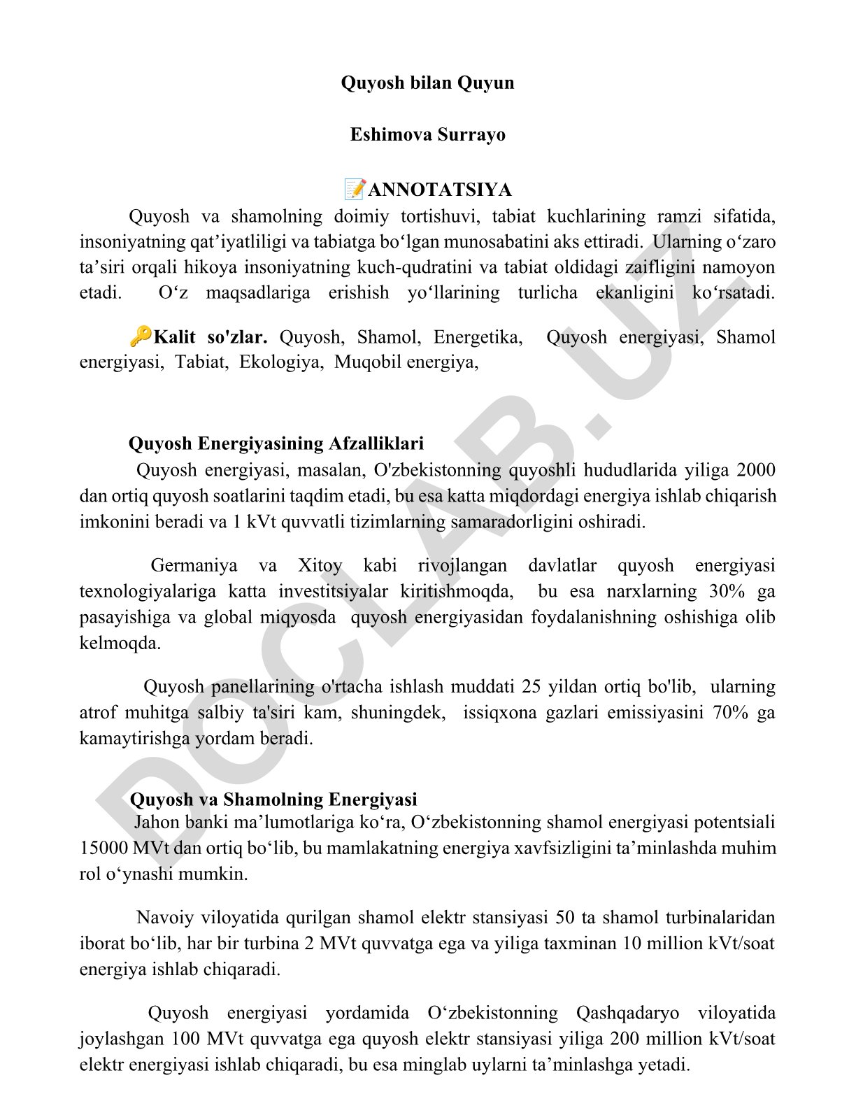 Quyosh va shamol energiyasining afzalliklari va muqobil energiya manbalari