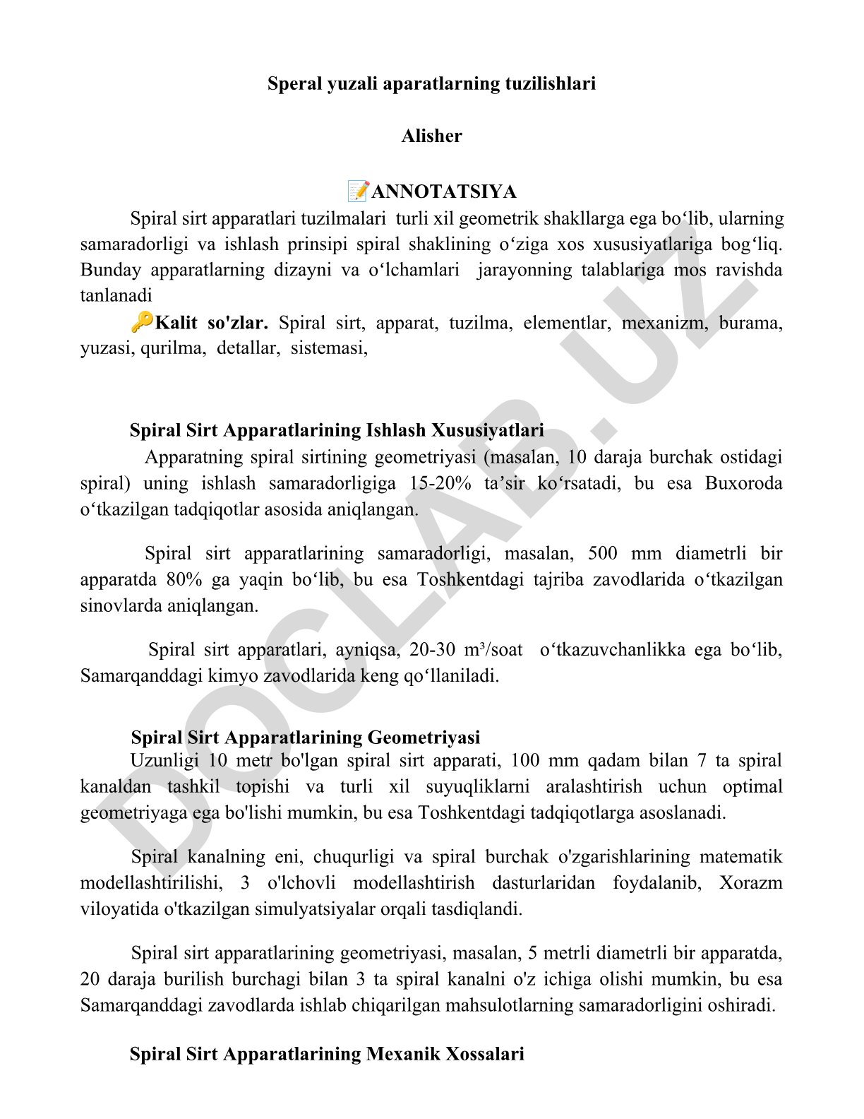 Spiral sirt apparatlari tuzilishlari va ishlash xususiyatlari