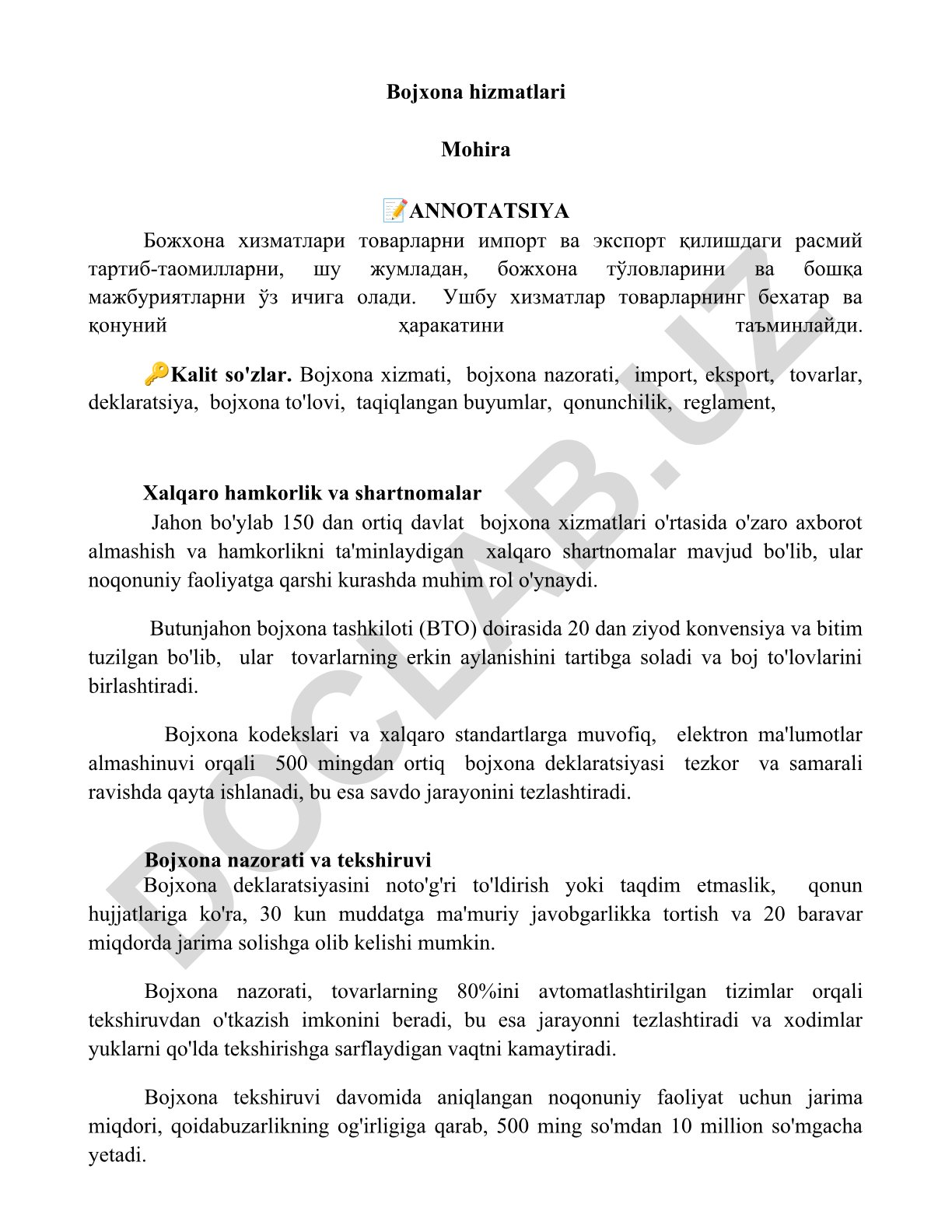 Bojxona hizmatlari va xalqaro hamkorlik