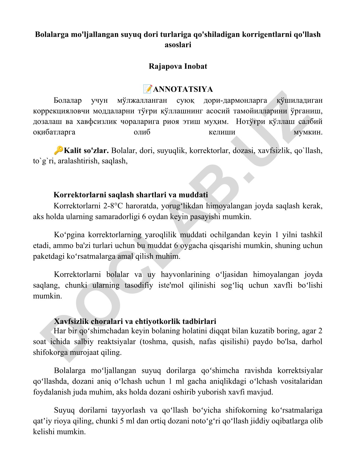 Bolalarga mo'ljallangan suyuq dori turlariga qo'shiladigan korrigentlarni qo'llash asoslari