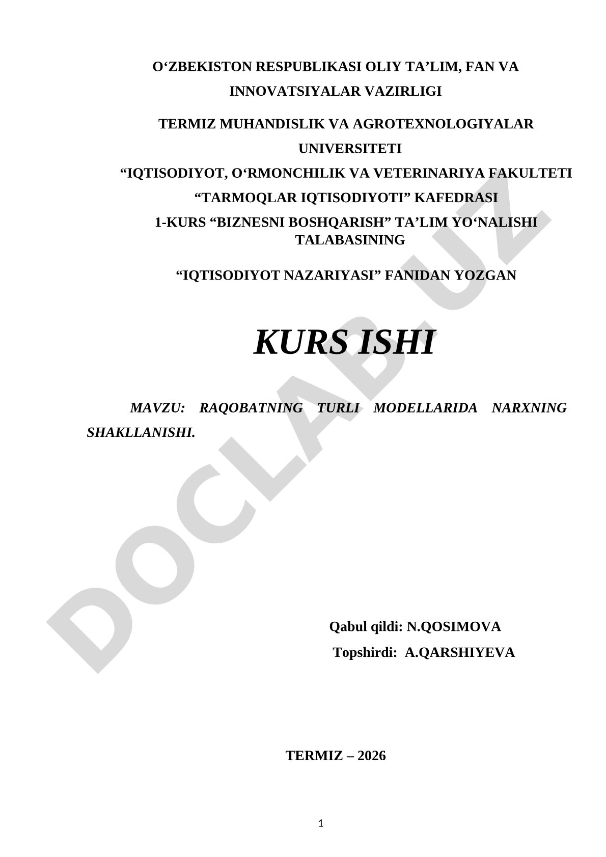 Raqobatning turli modellarida narxning shakllanishi