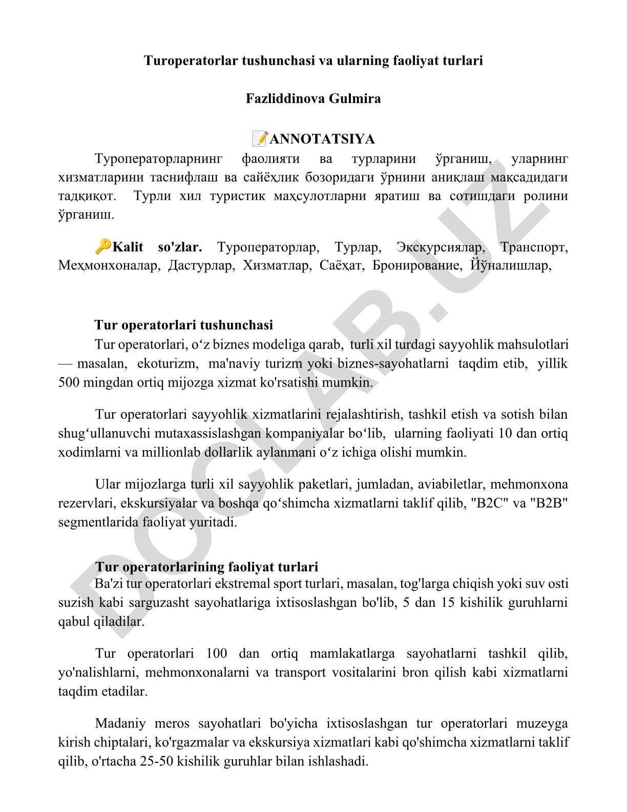 Tur operatorlari tushunchasi va ularning faoliyat turlari