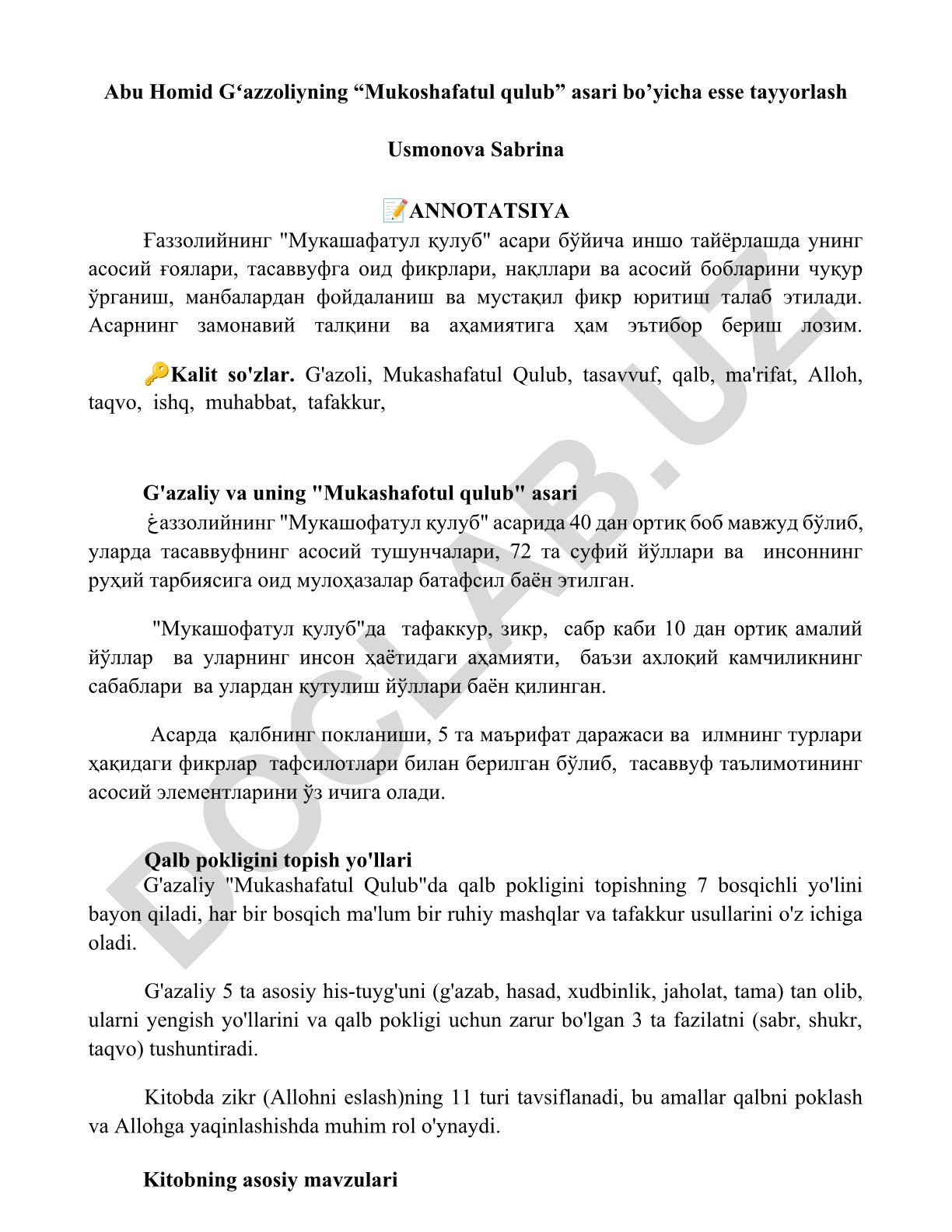 Abu Homid Gʻazzoliyning “Mukoshafatul qulub” asari bo’yicha esse
