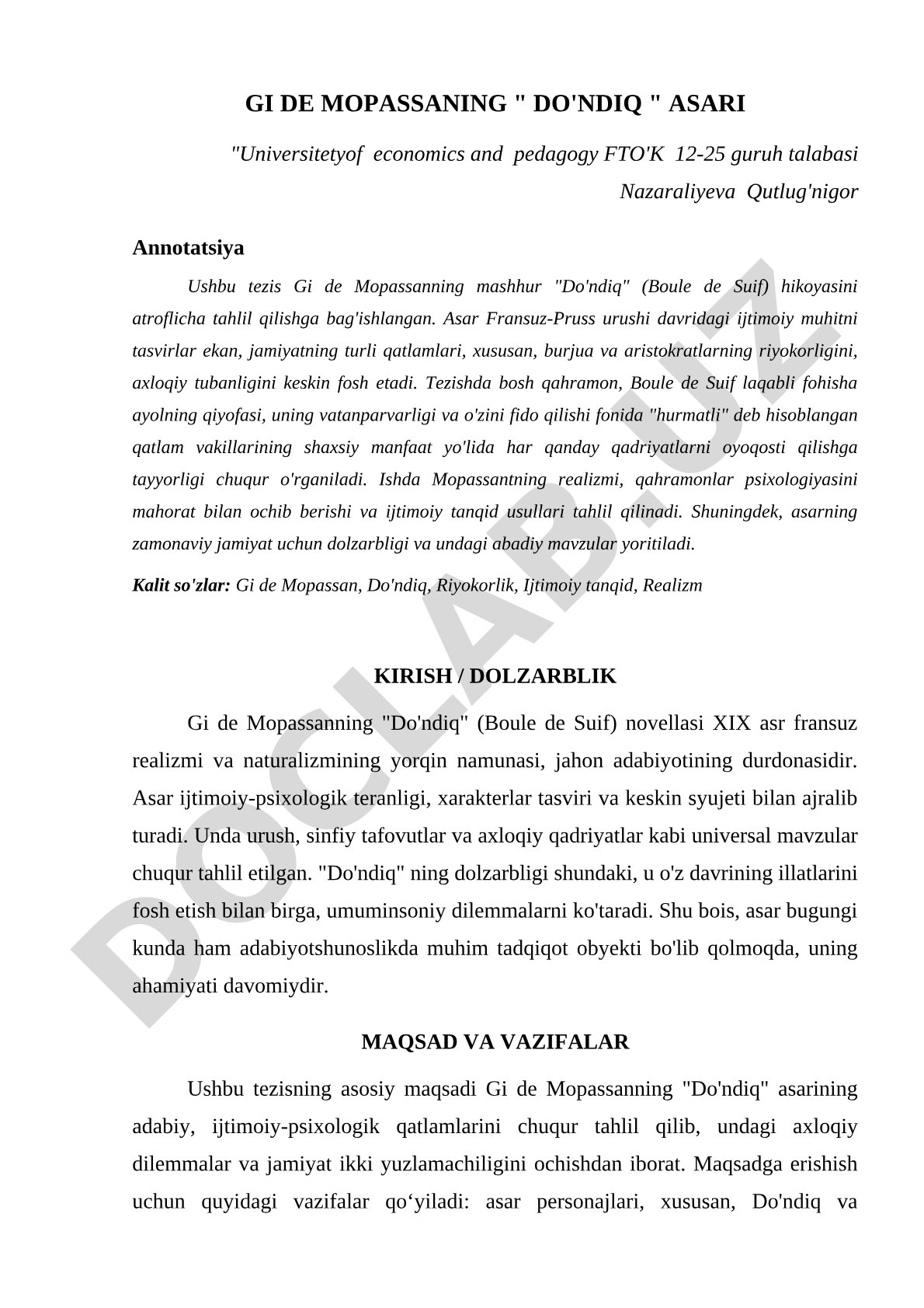 Gi de Mopassanning "Do'ndiq" asari tahlili