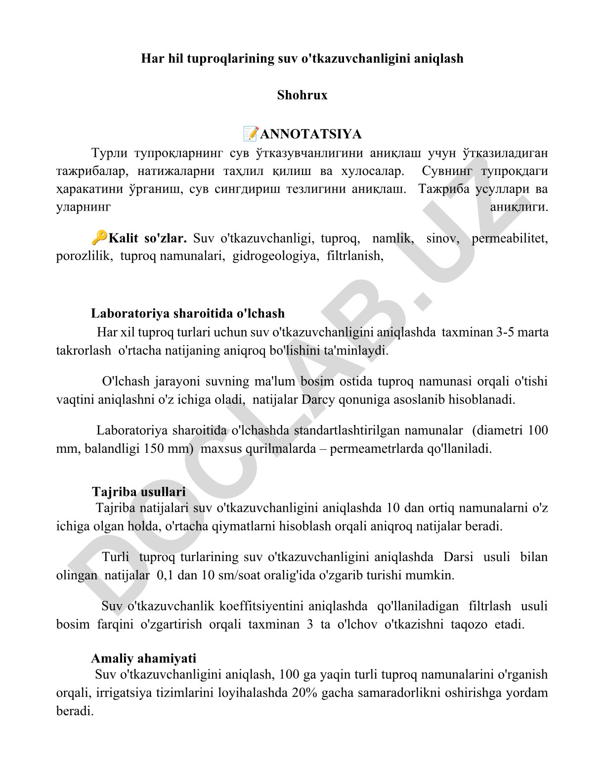 Turli tuproqlarning suv o'tkazuvchanligini aniqlash