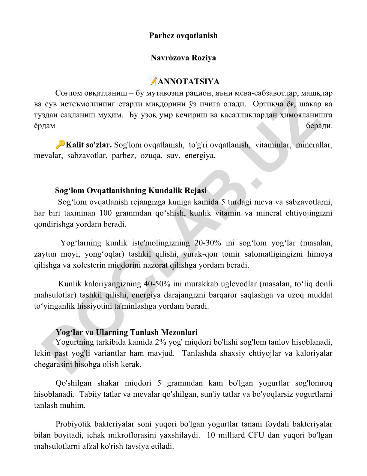 Sog'lom ovqatlanish va parhez