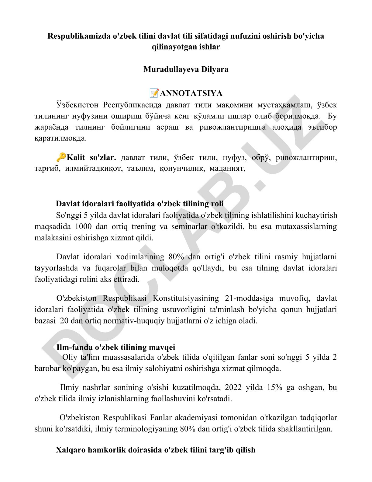 O'zbek tilining davlat tili sifatidagi nufuzini oshirish