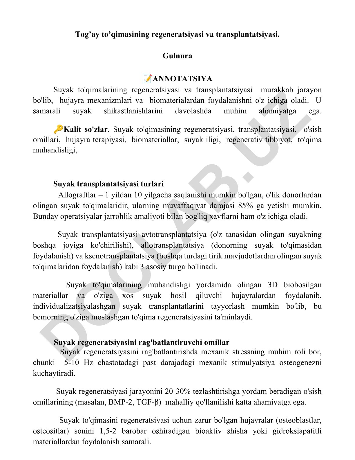 Tog’ay to’qimasining regeneratsiyasi va transplantatsiyasi