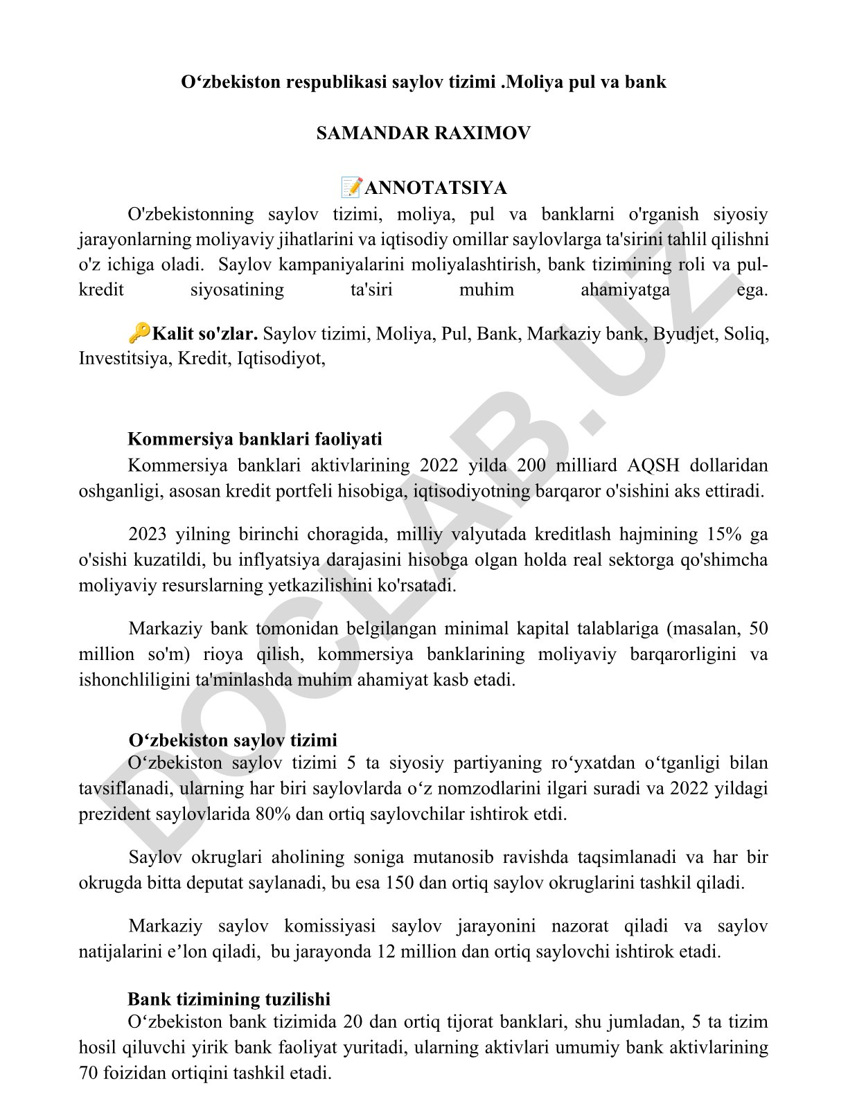 O'zbekiston respublikasi saylov tizimi, moliya, pul va bank