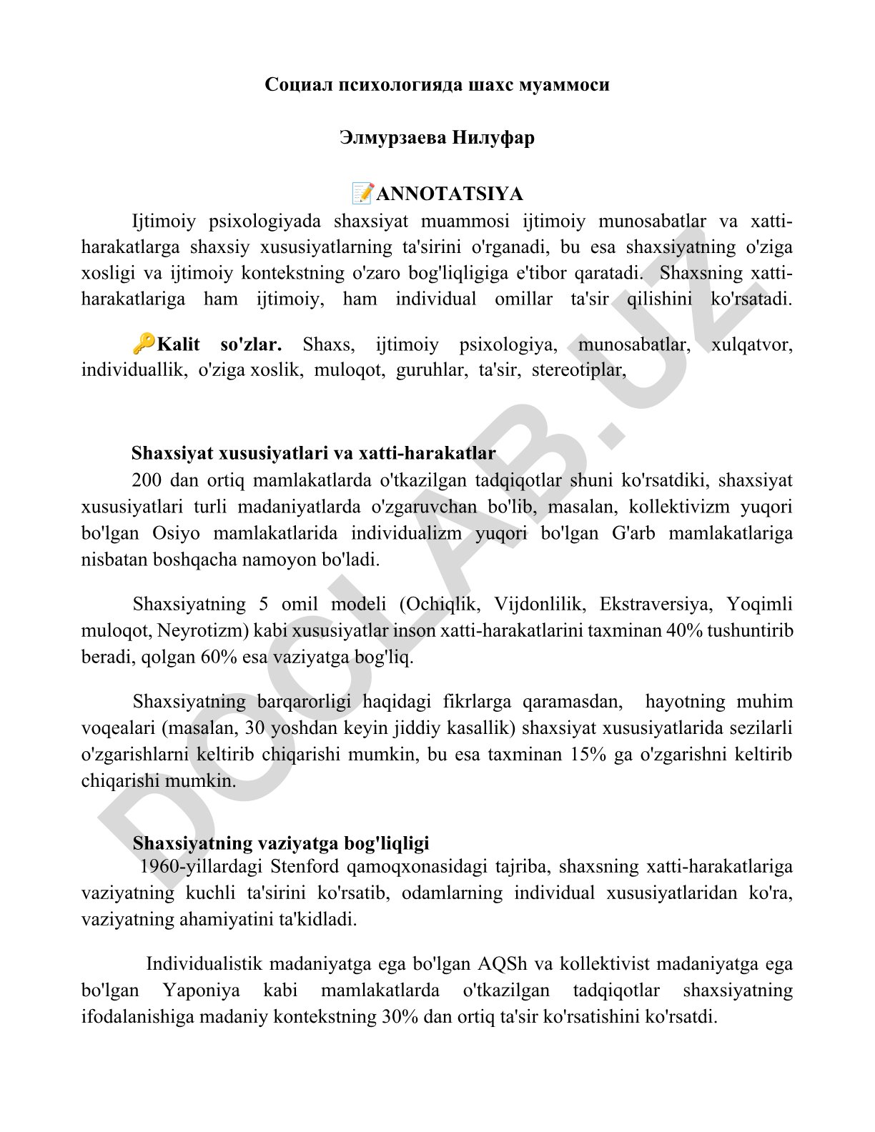 Ijtimoiy psixologiyada shaxsiyat muammosi