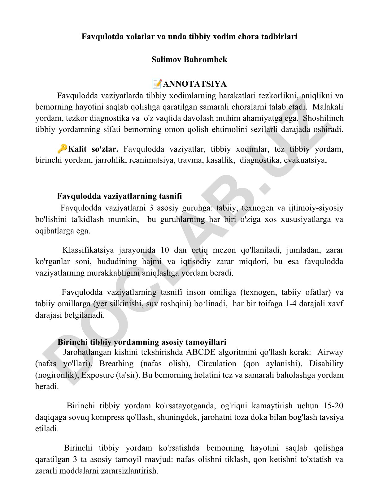 Favqulodda vaziyatlarda tibbiy xodimlar chora-tadbirlari