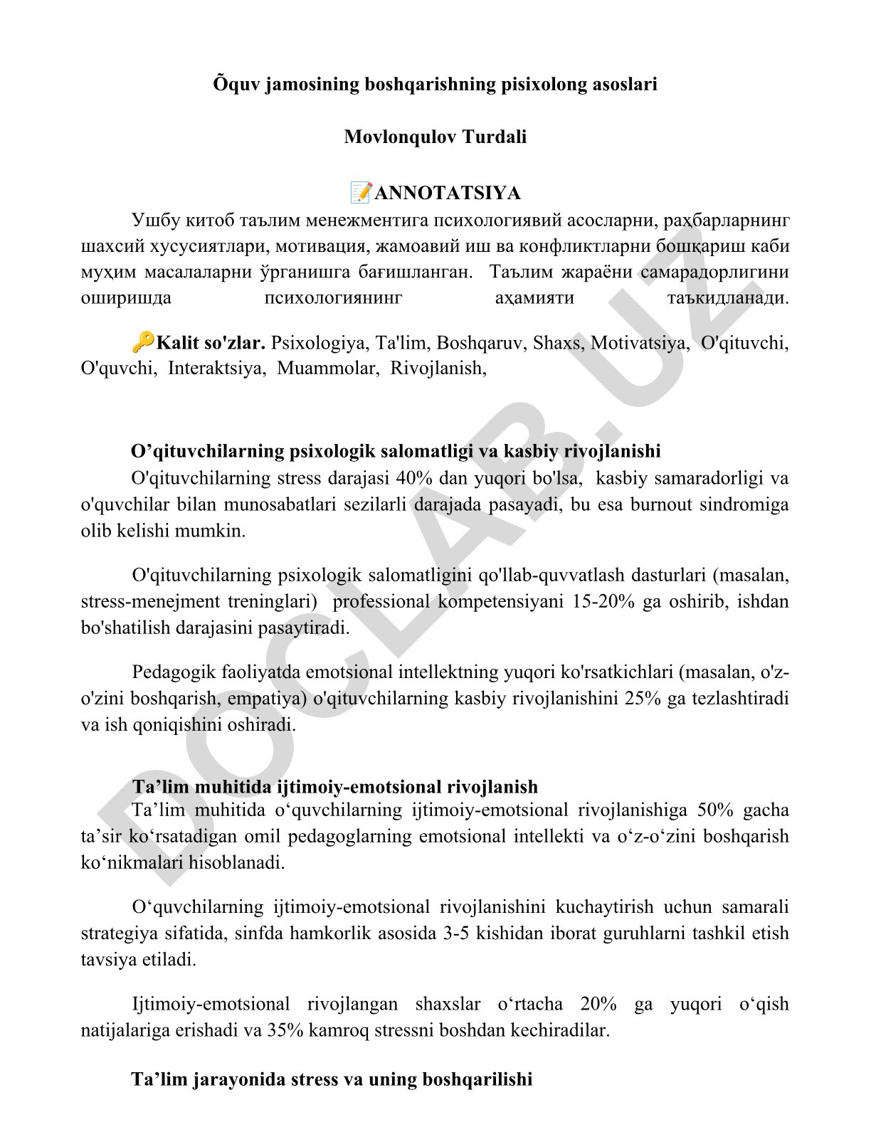 Ta'lim jamoasini boshqarishning psixologik asoslari