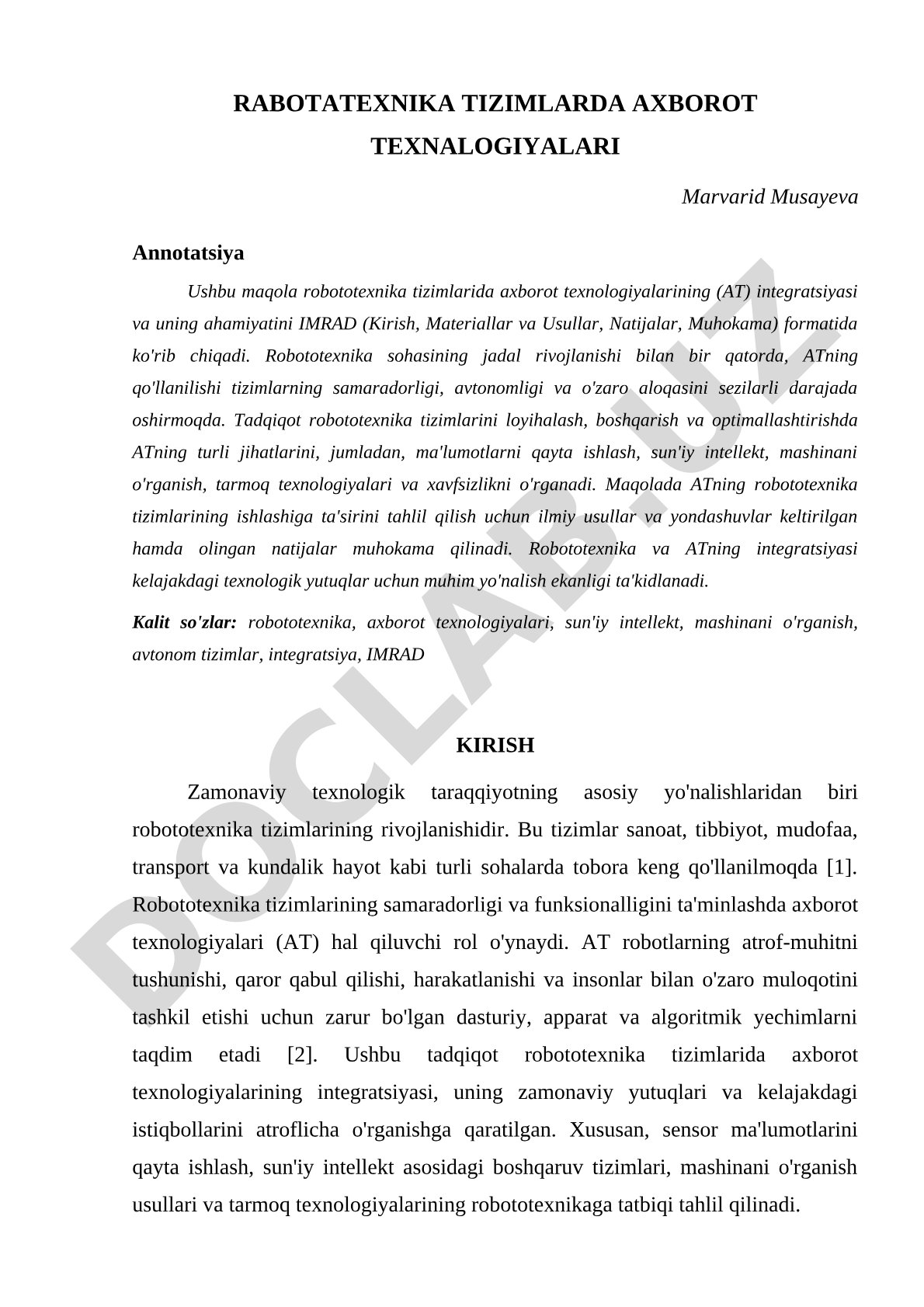 Robototexnika tizimlarida axborot texnologiyalari