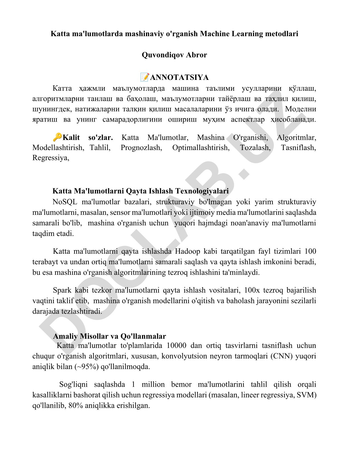 Katta ma'lumotlarda mashinaviy o'rganish metodlari