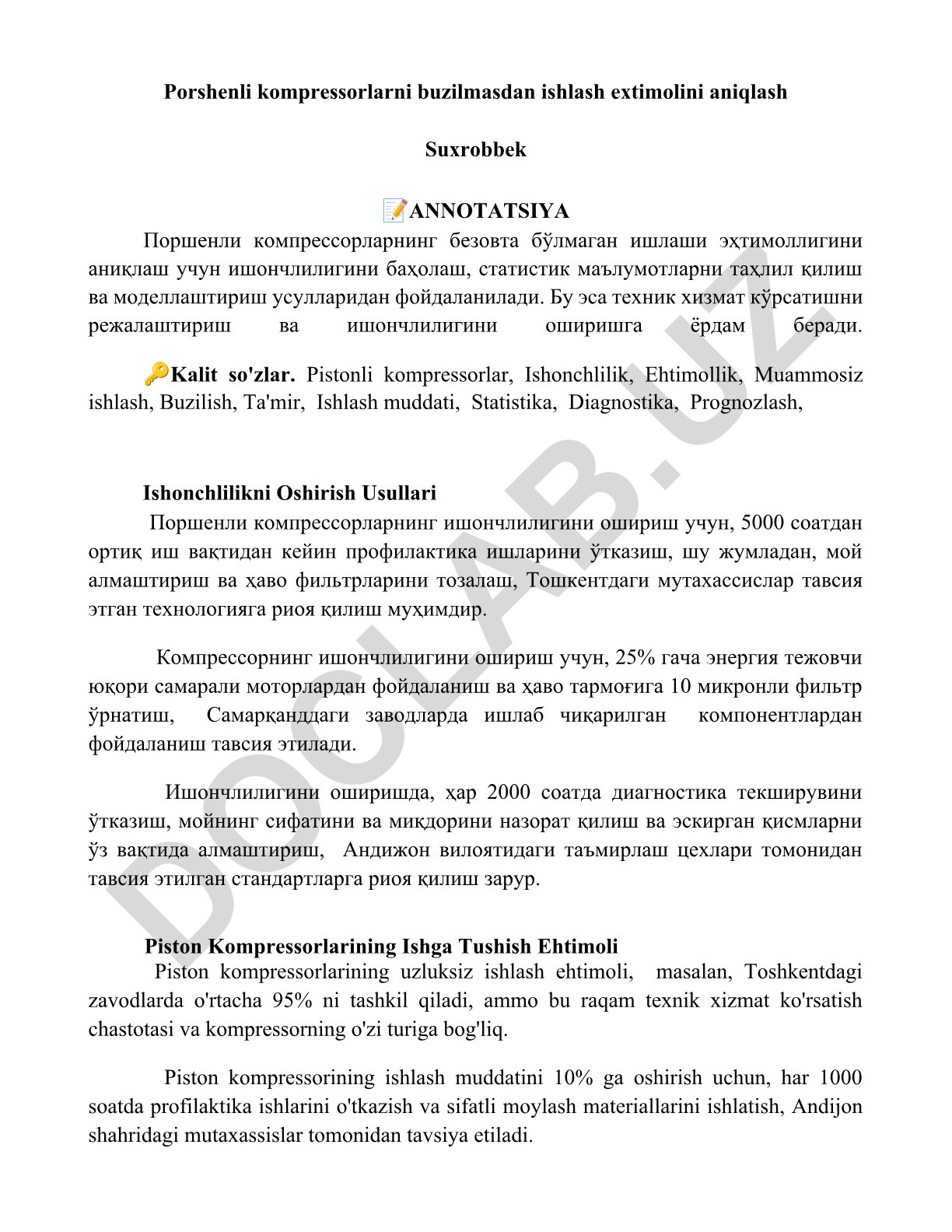 Porshenli kompressorlarni buzilmasdan ishlash ehtimolini aniqlash