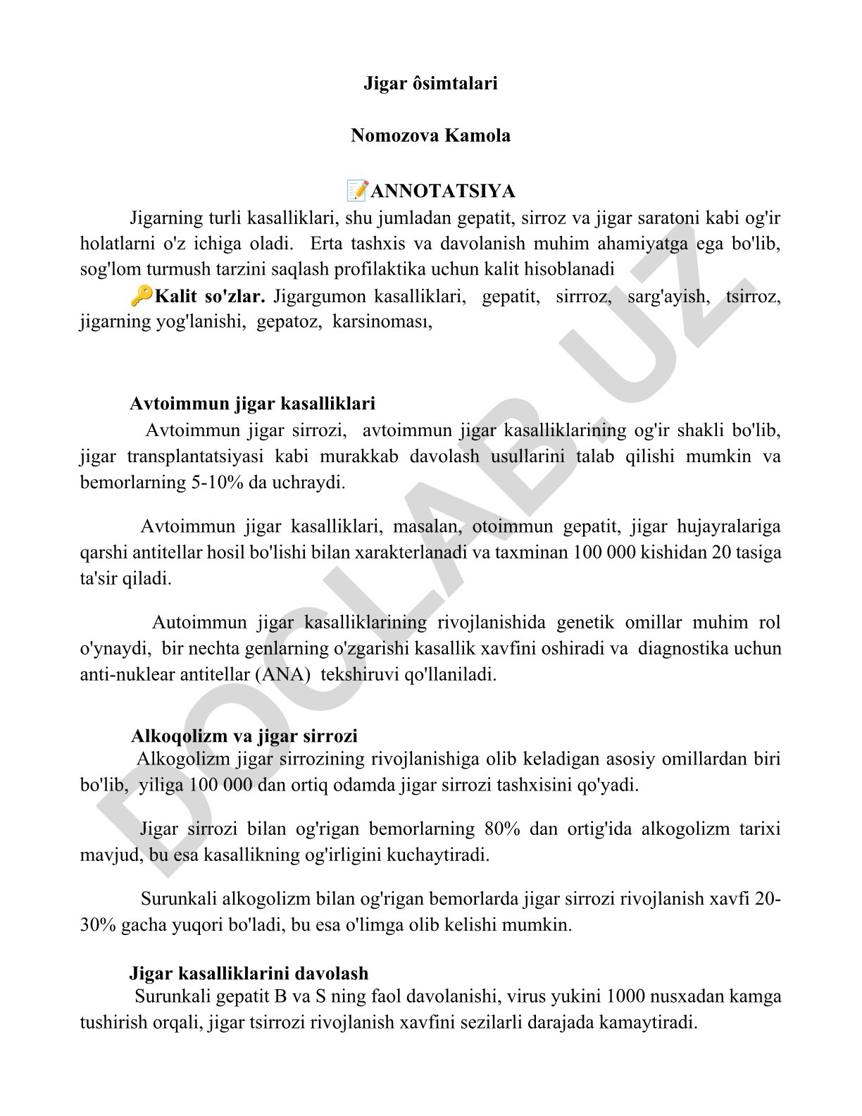 Jigar kasalliklari: gepatit, sirroz va jigar saratoni
