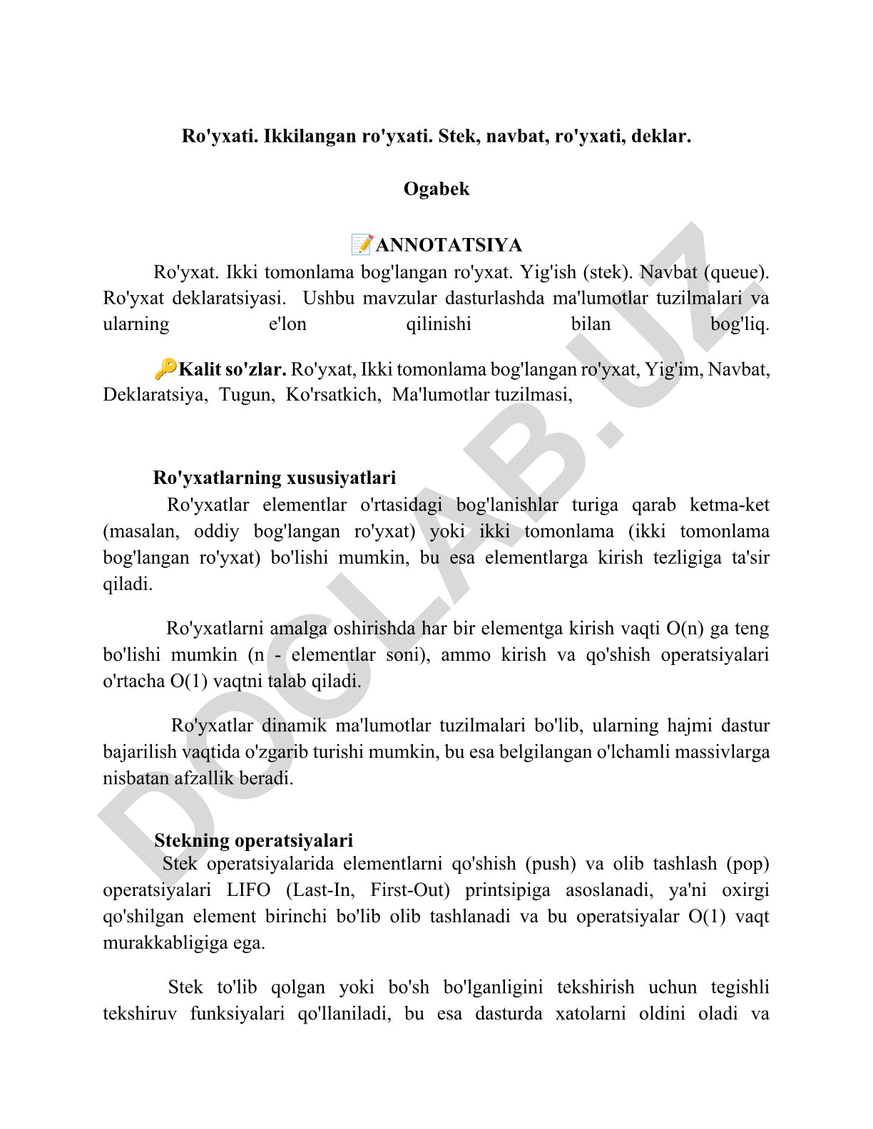 Ro'yxatlar, stek va navbat ma'lumotlar tuzilmalari