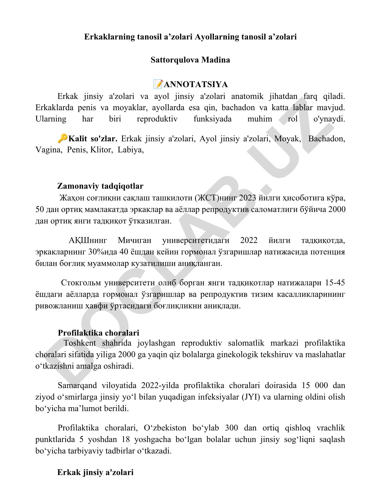 Erkak va ayol jinsiy a'zolari anatomiyasi va reproduktiv salomatlik