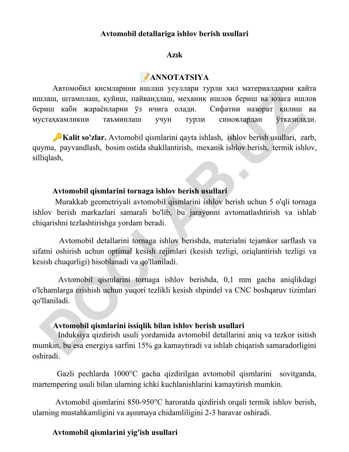 Avtomobil detallariga ishlov berish usullari