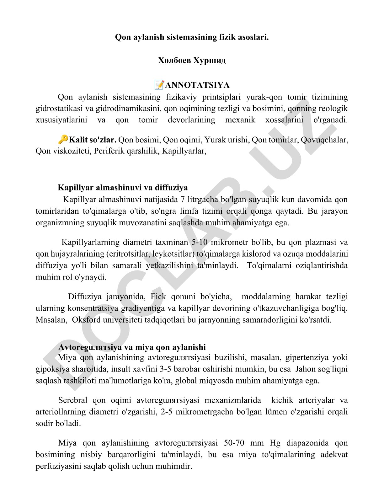 Qon aylanish sistemasining fizik asoslari