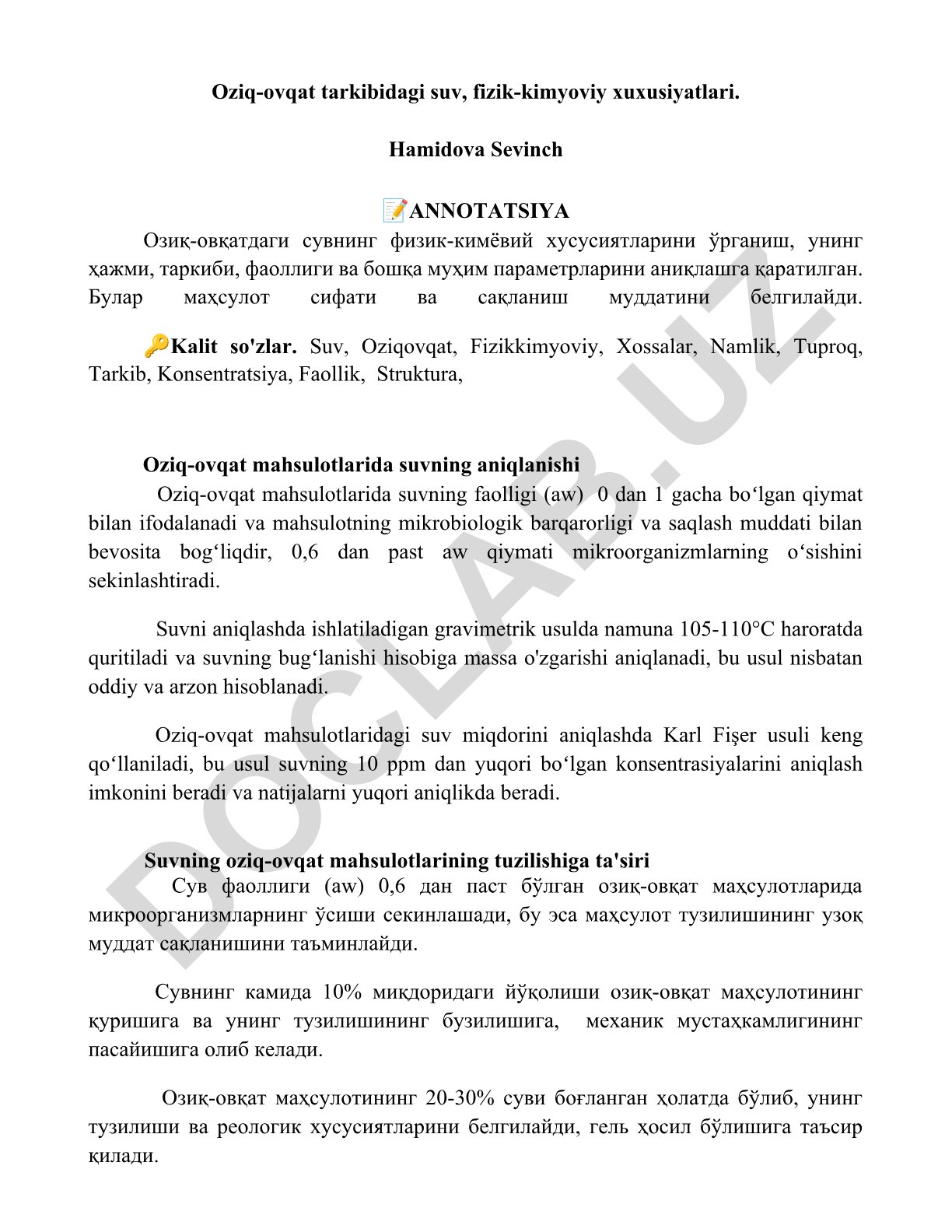 Oziq-ovqat tarkibidagi suvning fizik-kimyoviy xususiyatlari