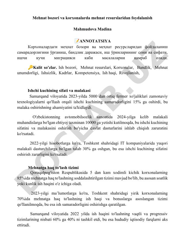 Mehnat bozori va korxonalarda mehnat resurslaridan foydalanish