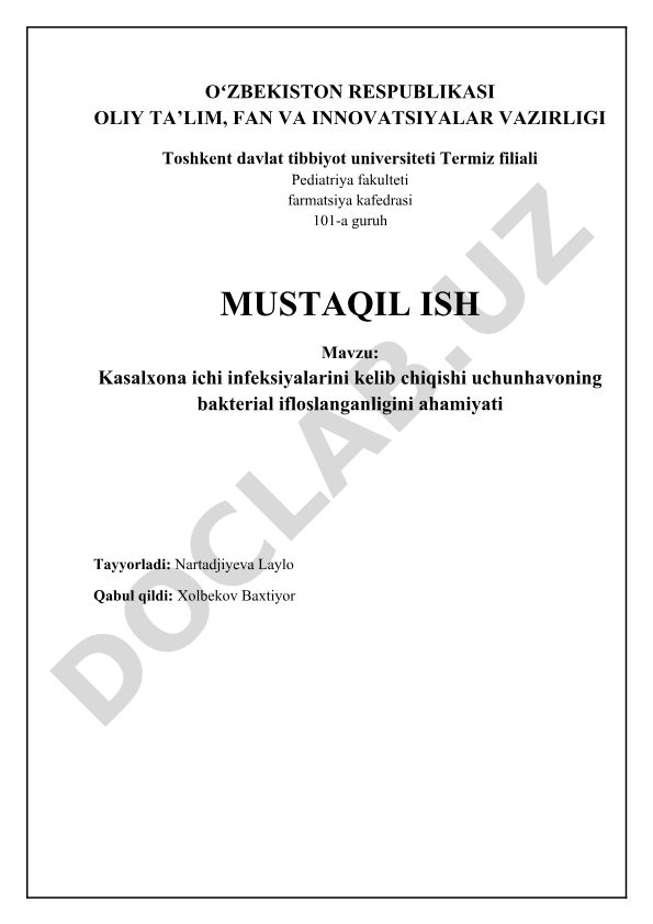 Kasalxona ichi infeksiyalarida havodagi bakterial ifloslanishning ahamiyati