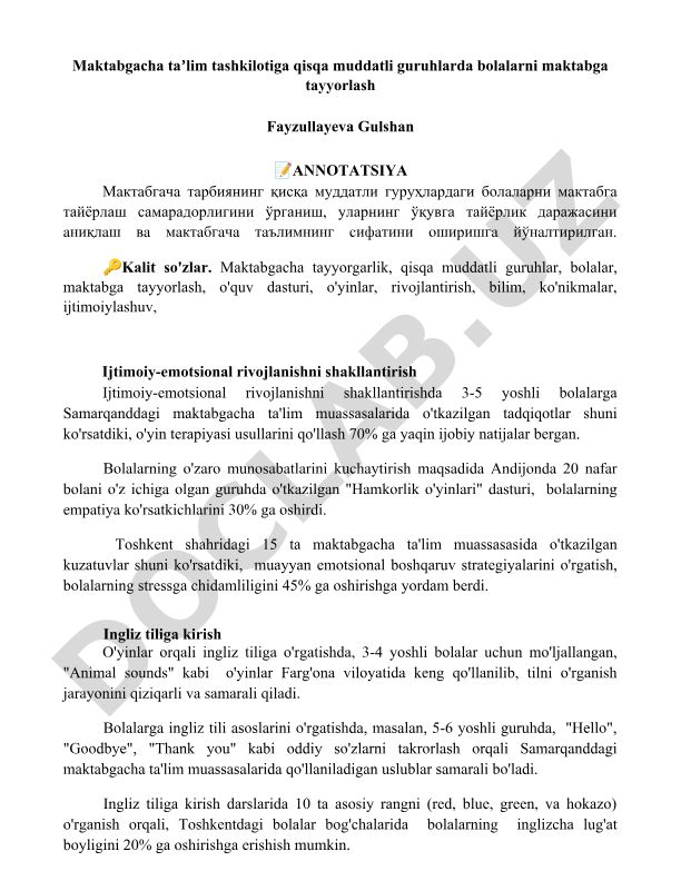 Maktabgacha ta'lim tashkilotida qisqa muddatli guruhlarda bolalarni maktabga tayyorlash