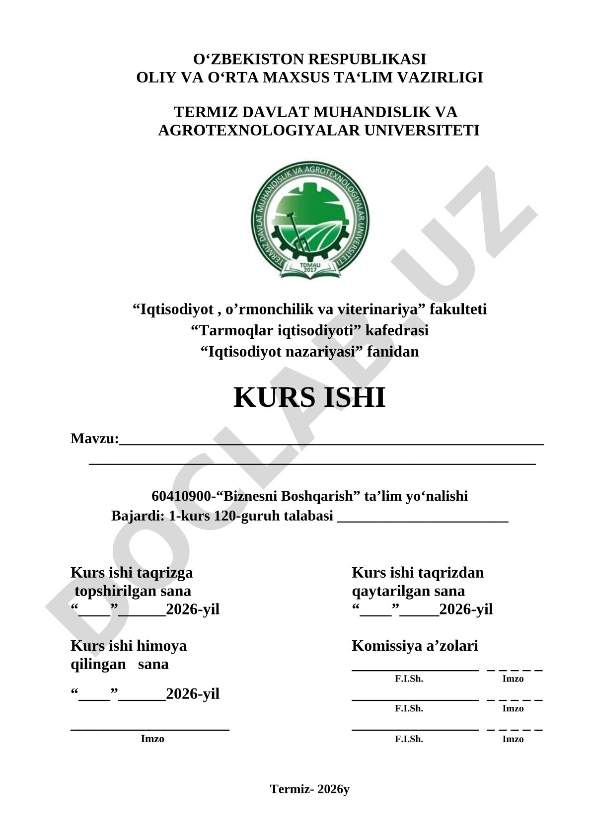 Iqtisodiyot nazariyasi fanidan kurs ishi