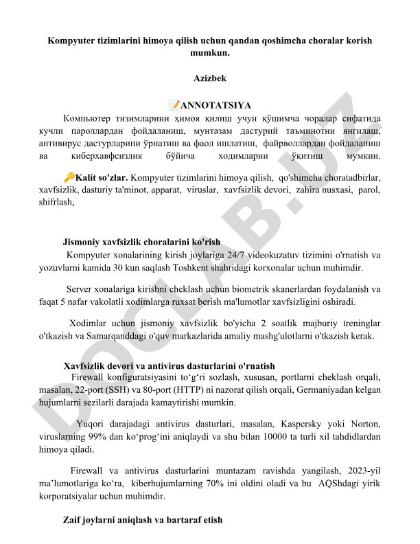 Kompyuter tizimlarini himoya qilishning qo'shimcha choralari